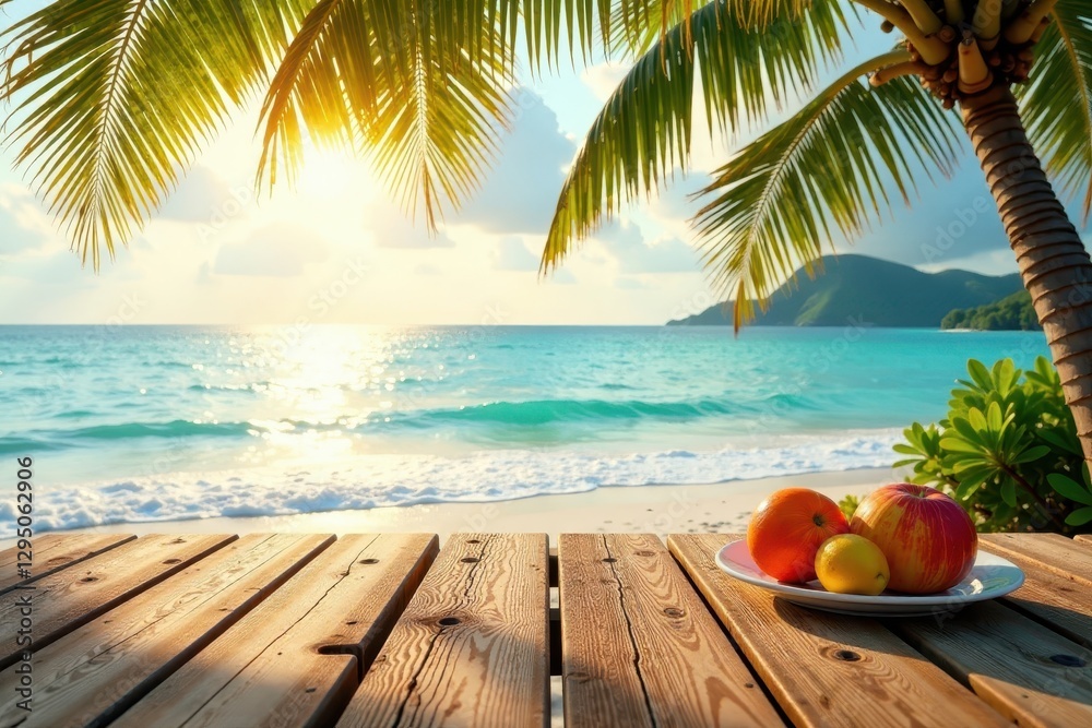 Obraz premium Warm sunny day at tropical beach with wooden table and calm sea, water, relaxation