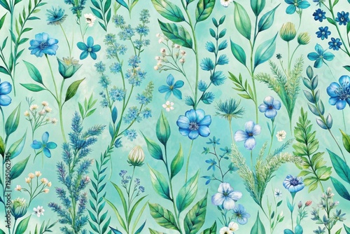 Aqua Dreamscape A Serene Watercolor Floral Pattern Featuring Delicate Blue and Teal Blossoms, Lush Greenery, and Soft, Misty Background