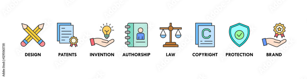 Intellectual property banner web icon vector illustration concept for trademark with icon of design, patents, invention, authorship, law, copyright, protection, and brand Intellectual property banner web icon vector illustration concept for trademark with icon of design, patents, invention, authorship, law, copyright, protection, and brand