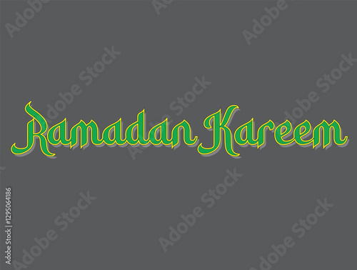 A vibrant graphic featuring the phrase "Ramadan Kareem" in stylized vibrant lettering against a gray background, celebrating the festive occasion of Ramadan.