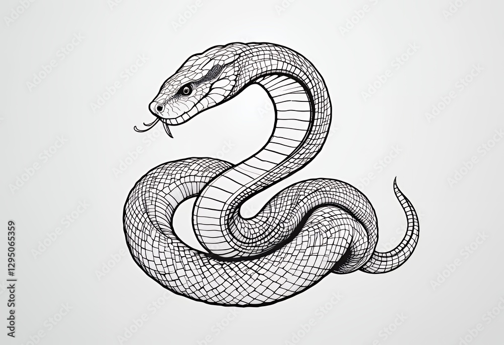Fototapeta premium Coiled Snake Illustration Black and White Reptile Art Design