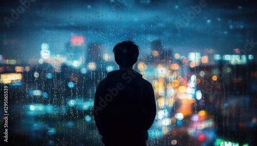 Wallpaper Mural Man silhouetted against rainy city night view. Torontodigital.ca