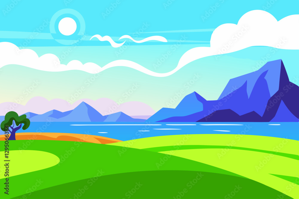 Obraz premium A scenic view of a green field meeting a beautiful lake, with mountains in the background, under a bright blue sky with a shining sun