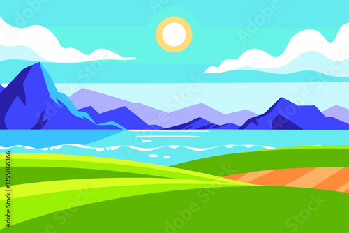 A scenic view of a green field meeting a beautiful lake, with mountains in the background, under a bright blue sky with a shining sun