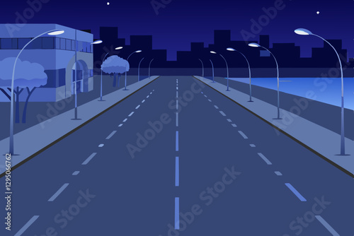 A night time city street with glowing streetlights, a clear sky, and a full moon shining brightly over a peaceful urban landscape