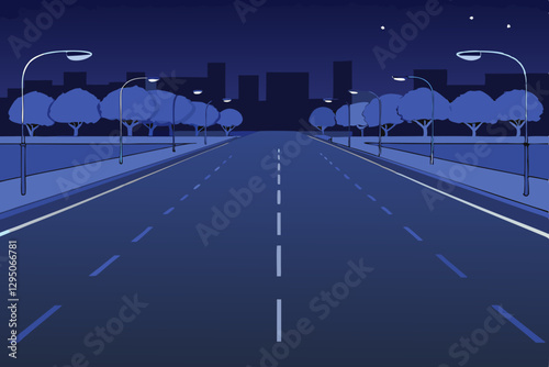 A night time city street with glowing streetlights, a clear sky, and a full moon shining brightly over a peaceful urban landscape