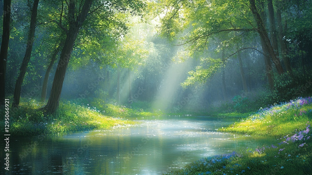 Obraz premium Sunlight streams into a forest clearing beside a calm river