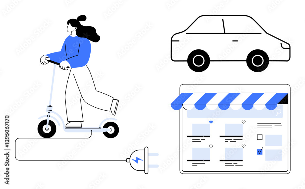 Various transportation modes and digital interaction. Woman riding electric scooter, car, online storefront, electric plug. Ideal for urban mobility, sustainability, technology, digital economy