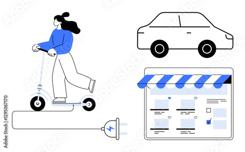Various transportation modes and digital interaction. Woman riding electric scooter, car, online storefront, electric plug. Ideal for urban mobility, sustainability, technology, digital economy