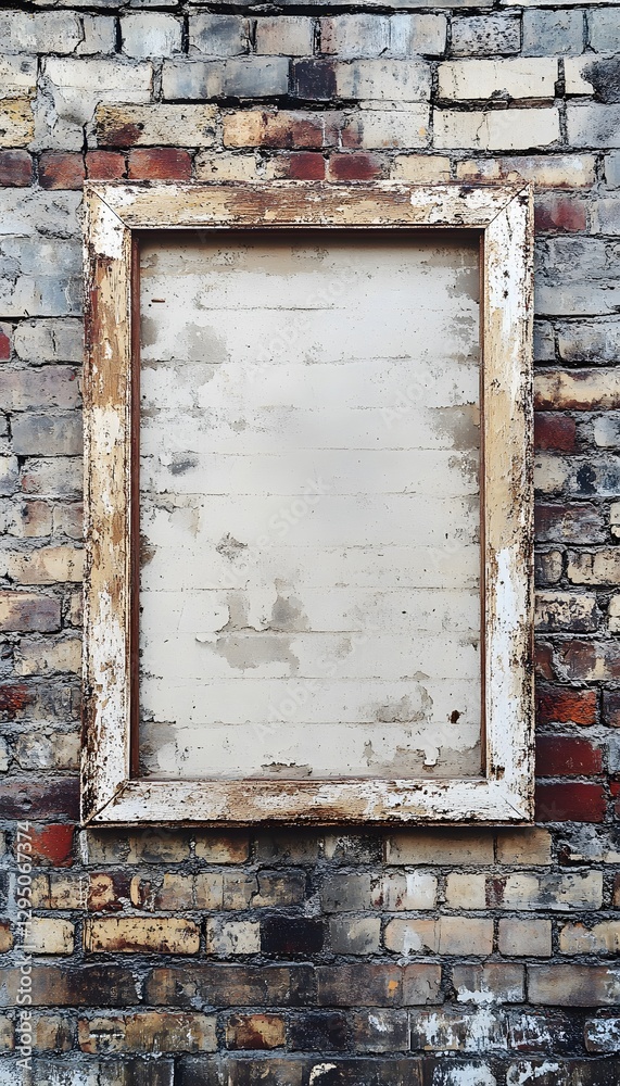 Naklejka premium Weathered frame hangs on a textured and aging brick wall