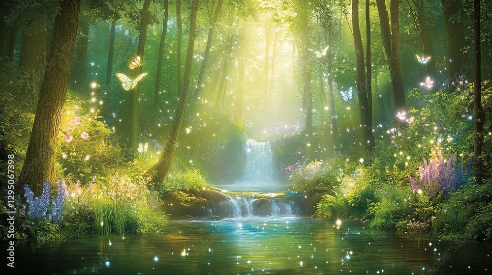 Obraz premium A Serene Forest Scene Depicting Magical Butterflies and Waterfall