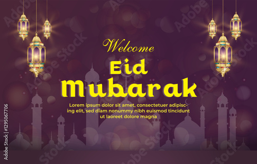 welcome eid mubarak template banner with beautiful islamic ornament with purple background design 16