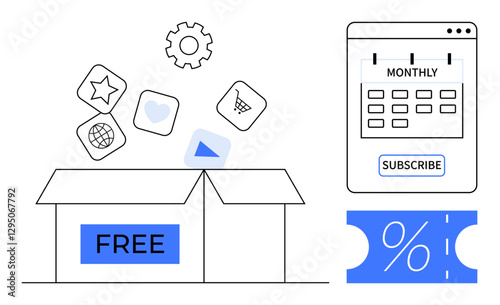 Open box with FREE label, app icons thumbs up heart, gear, cart. Calendar with Monthly Subscribe. Blue coupon with percentage sign. Ideal for subscription services, e-commerce, promotion online