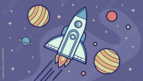 A fun, colorful rocket ship traveling through outer space, surrounded by planets, stars, and swirling cosmic clouds, evoking a sense of adventure and discovery