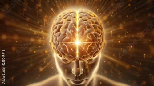 Illuminated Human Brain Glowing with Golden Light Rays Abstract Neurological Concept