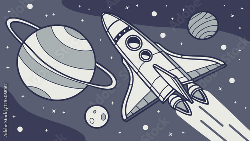 A fun, colorful rocket ship traveling through outer space, surrounded by planets, stars, and swirling cosmic clouds, evoking a sense of adventure and discovery