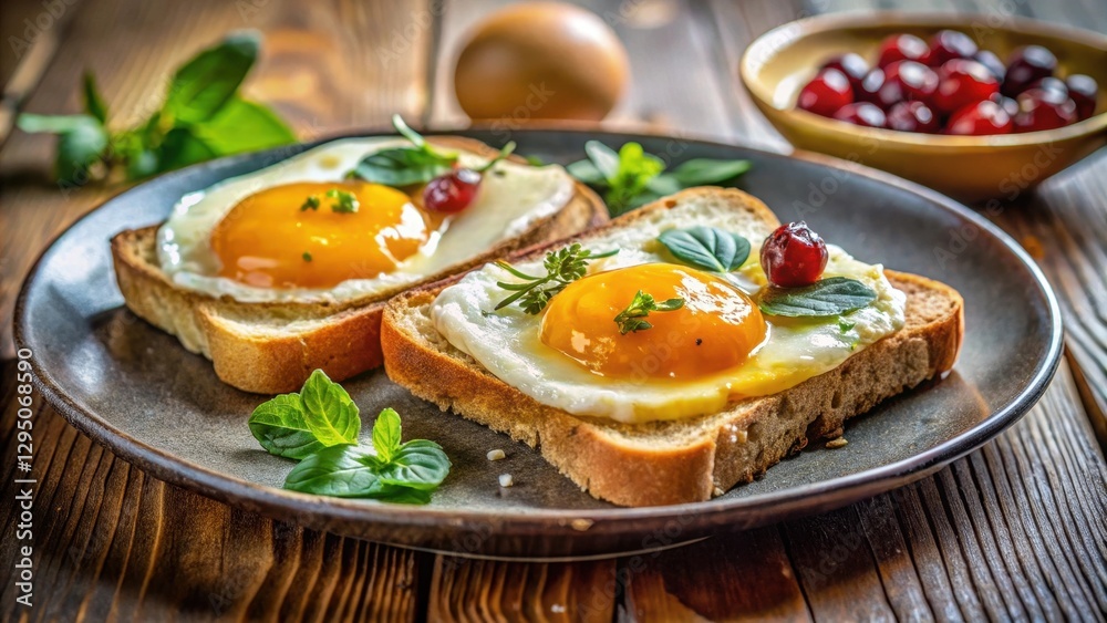 A delightful breakfast featuring fried eggs on toasted bread, garnished with fresh herbs and cranberries A delightful breakfast featuring fried eggs on toasted bread, garnished with fresh herbs and cranberries