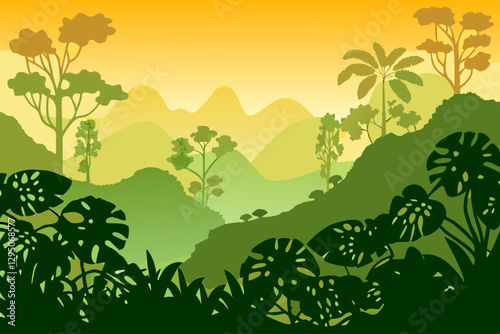 Vibrant jungle and mountainous backdrop with layered green foliage, evoking the tranquility of the untouched wilderness