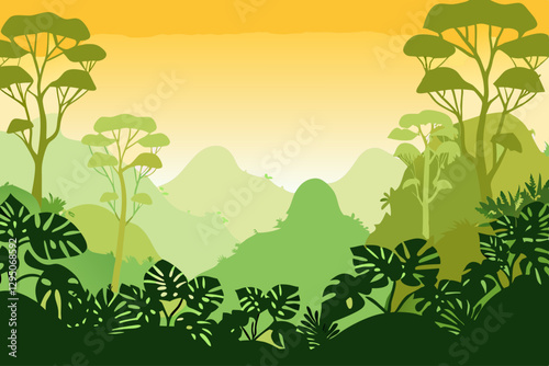 Vibrant jungle and mountainous backdrop with layered green foliage, evoking the tranquility of the untouched wilderness