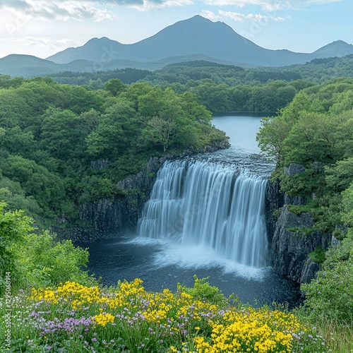 Breathtaking Waterfall Amidst Verdant Forest and Majestic Mountains with Vibrant Wildflowers Under Blue Sky - Perfect Nature Escape for Photography and Relaxation
