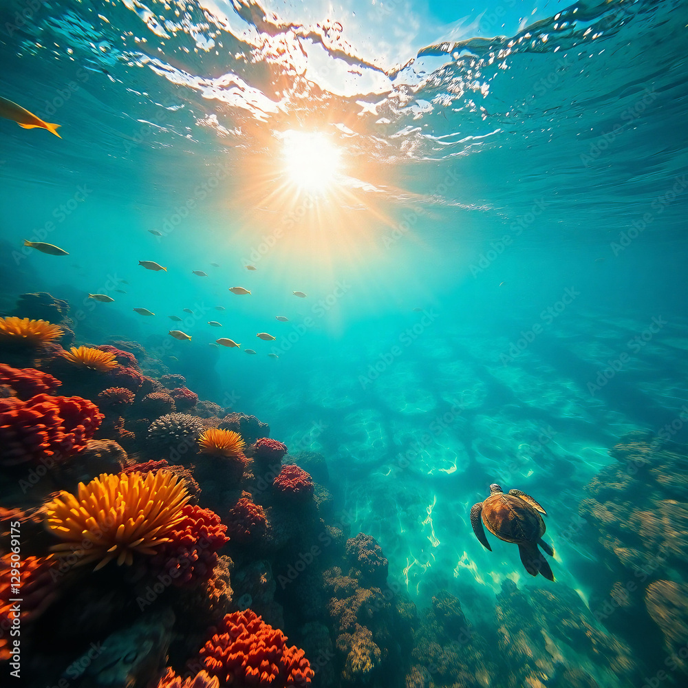 Naklejka premium Pristine Plastic-Free Ocean with Vibrant Marine Life and Coral Reefs