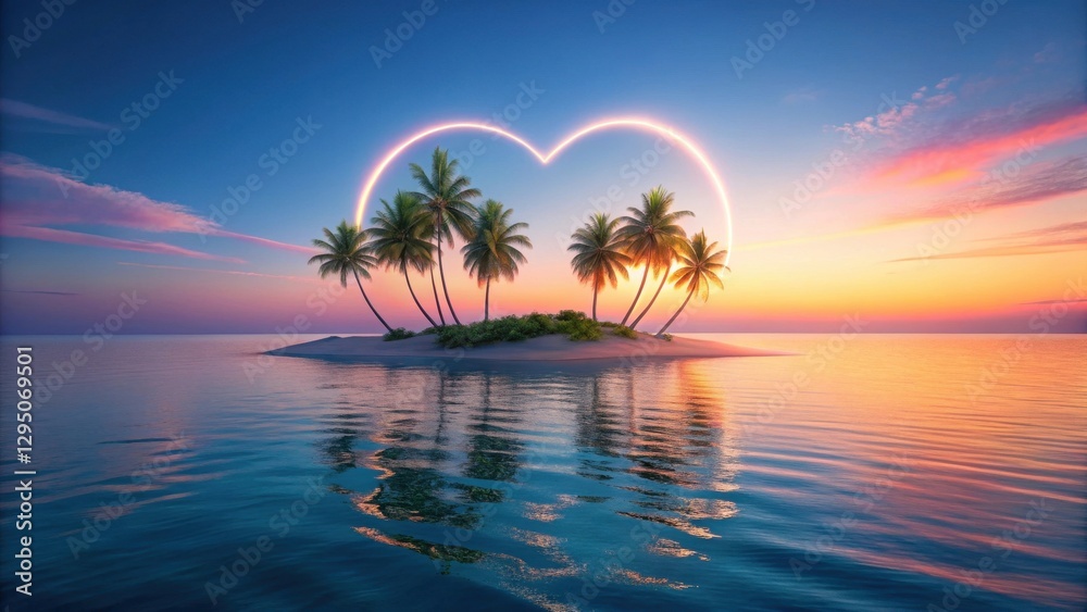 Fototapeta premium Serene island paradise at sunset, palm trees silhouetted against a vibrant sky, encircled by a luminous heart-shaped halo reflecting in the tranquil ocean water.