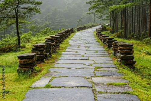 Misty Mountain Path with Mossy Stones Through a Lush Forest

 photo