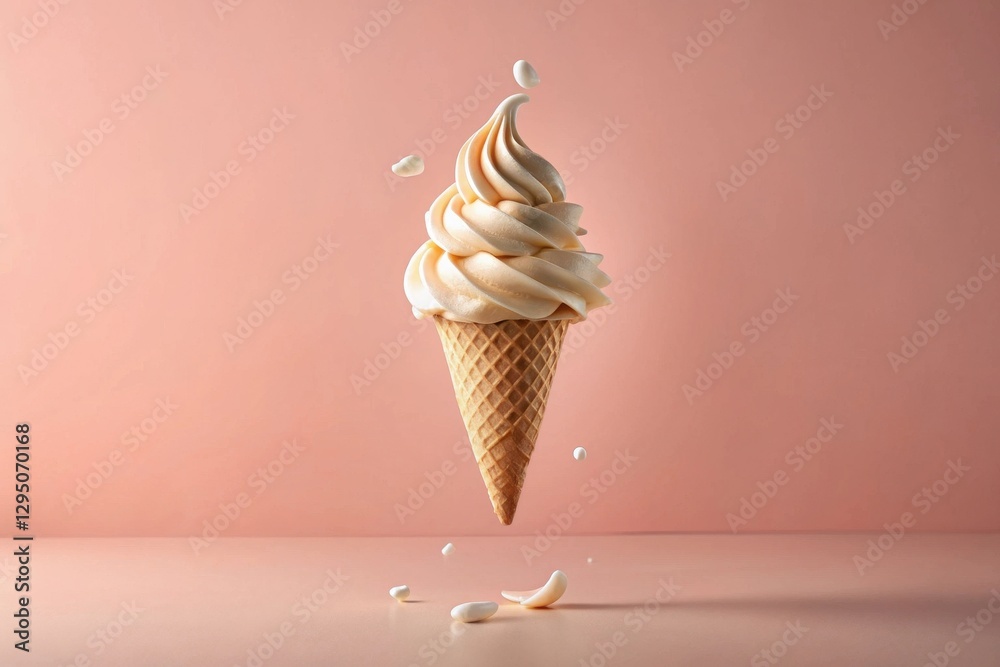 A Delicate Swirl of Creamy Frozen Dessert in a Crispy Cone, Suspended in Mid-Air with Droplets of Sweetness A Delicate Swirl of Creamy Frozen Dessert in a Crispy Cone, Suspended in Mid-Air with Droplets of Sweetness