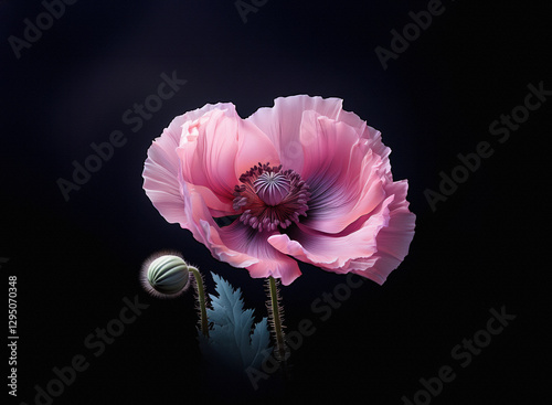 Delicate pink flower with soft petals and detailed center stands out against stark black background. Vibrant bloom in full display.