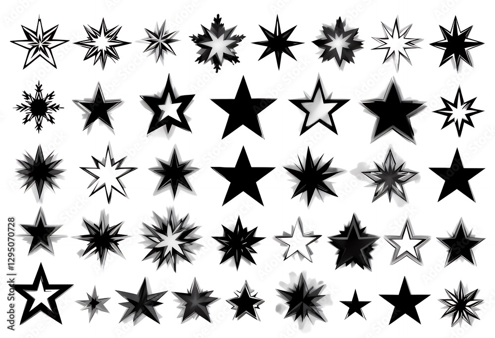 Assorted Star Shapes in Black and White Collection for Design Projects Assorted Star Shapes in Black and White Collection for Design Projects