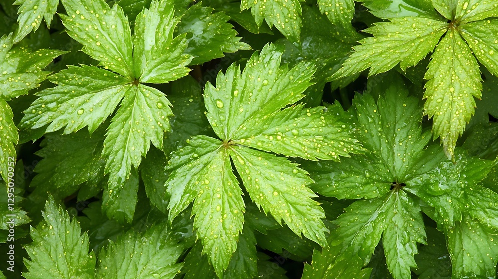Dew-Kissed Green Leaves: A Lush Botanical Close-Up Dew-Kissed Green Leaves: A Lush Botanical Close-Up