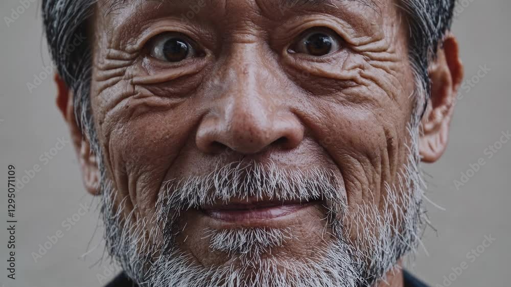 Close-up video still of an elderly man with a focused expression. The frontal camera angle highlights his facial features and deep wrinkles. Close-up video still of an elderly man with a focused expression. The frontal camera angle highlights his facial features and deep wrinkles.