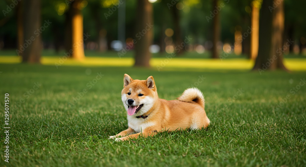 Happy Shiba Inu Dog Smiling in Park - Cute Pet Stock Photo Happy Shiba Inu Dog Smiling in Park - Cute Pet Stock Photo