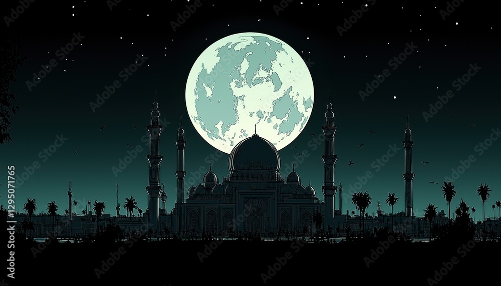 Naklejka premium Serene Ramadan Night Mosque Silhouette, Full Moon, Starry Sky