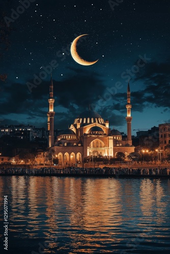 Ramadan Kareem Illuminated Mosque and Crescent Moon at Night near Waterfront City