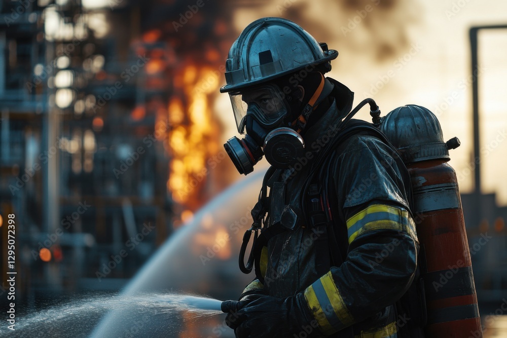 Firefighter Battling Industrial Blaze: A Courageous Act Firefighter Battling Industrial Blaze: A Courageous Act
