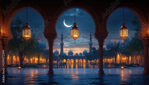 Ramadan Night Mosque, Crescent Moon and Lanterns - Islamic Architecture