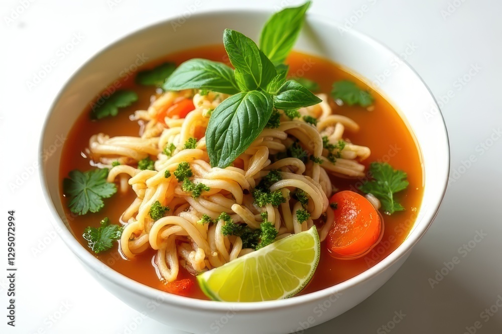 Fresh Herb-Enhanced Noodle Broth with Tangy Lime Accent Fresh Herb-Enhanced Noodle Broth with Tangy Lime Accent