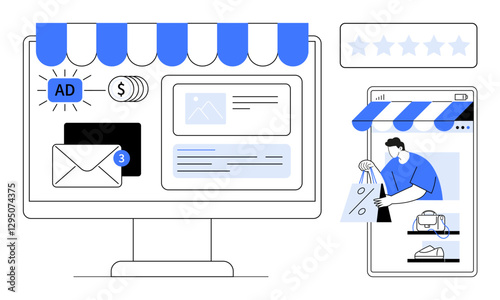 Customer shopping online, using desktop and mobile devices. Elements thumbs up emails, ads, money, and ratings. Ideal for e-commerce, online shopping, digital marketing mobile commerce customer