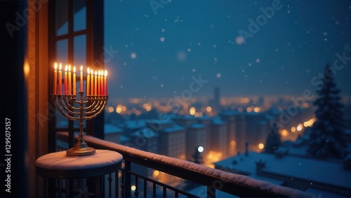 A menorah with lit candles stands in front of a snowy cityscape at night, viewed through a window. The warm glow contrasts with the cool winter scene. Generative, AI, photo