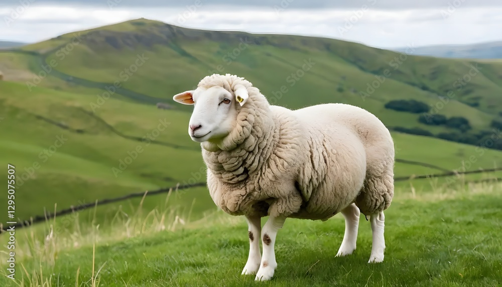 Fluffy Sheep Grazing on Lush Green Hillside Pasture Landscape Fluffy Sheep Grazing on Lush Green Hillside Pasture Landscape