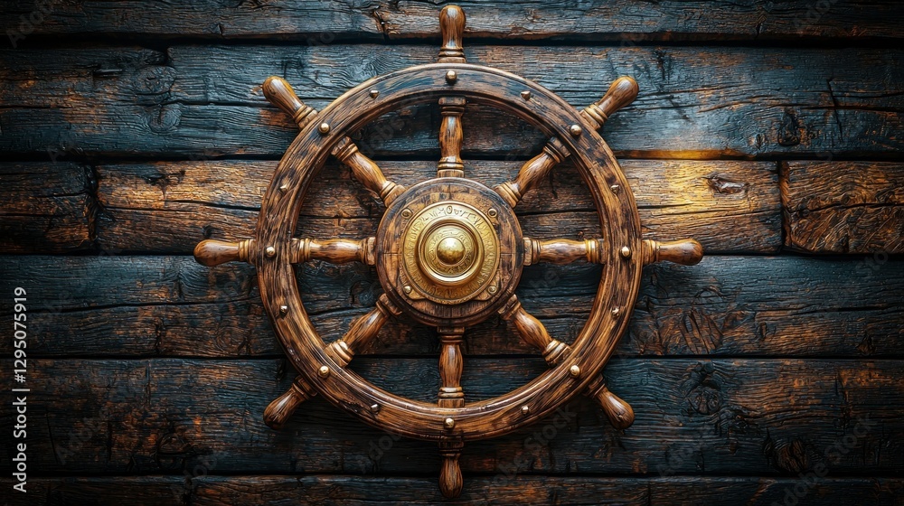 Obraz premium Antique wooden ship's wheel on rustic dark wood background
