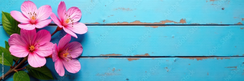 Fototapeta premium Rustic blue wood planks, delicate pink blooms , nature, summer
