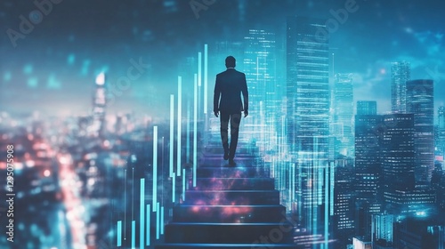 A businessman walks up a stairway toward success in the digital city skyline