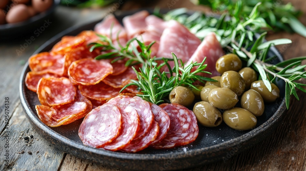 Assorted sliced cured meats and olives on a plate, with rosemary garnish, on a rustic wooden table Assorted sliced cured meats and olives on a plate, with rosemary garnish, on a rustic wooden table