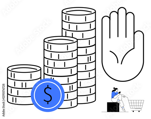 Stacked coins, a blue currency coin, large hand gesture, and seated shopper with a cart. Ideal for finance, savings, budget planning, wealth management decision making investment strategy. Abstract