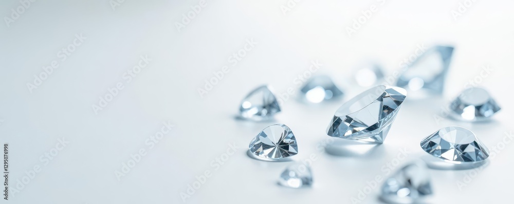 Several sparkling diamonds scattered on pure white backdrop, white background, sparkling diamonds Several sparkling diamonds scattered on pure white backdrop, white background, sparkling diamonds
