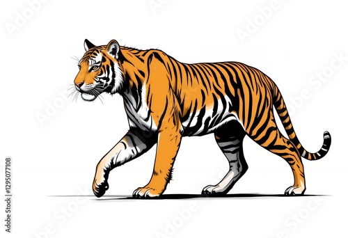 Tiger Walking Illustration with Orange and Black Stripes on White Background