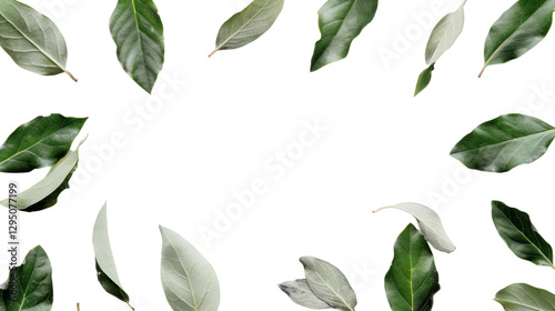 Green and silver leaves falling on transparent background