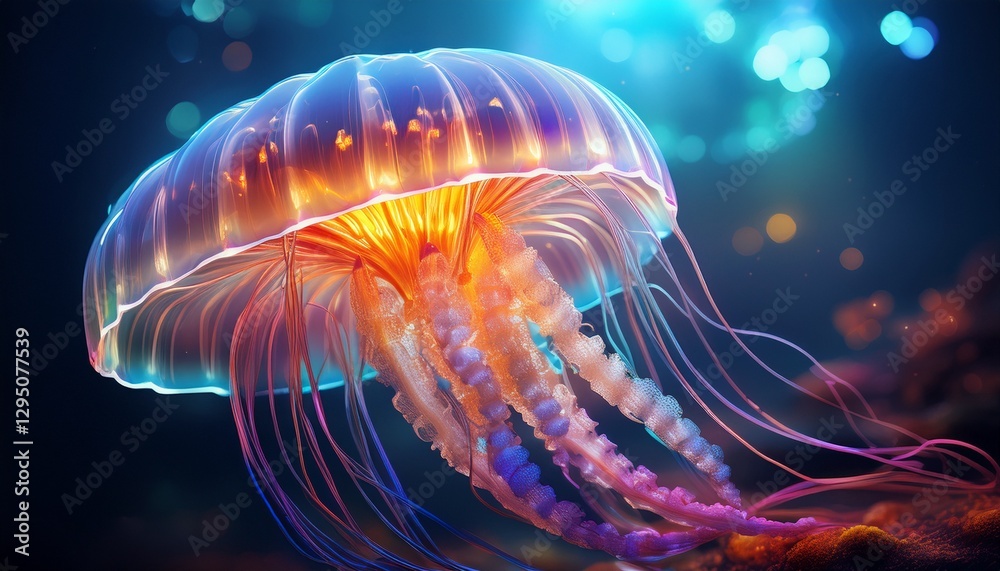 Fototapeta premium Close-up of a jellyfish tentacle, with a bioluminescent glow illuminating its delicate structure, showcasing the translucent beauty and intricate texture.